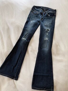 American Eagle Outfitters Dark Blue Distressed Kick Boot Jeans Super Stretch